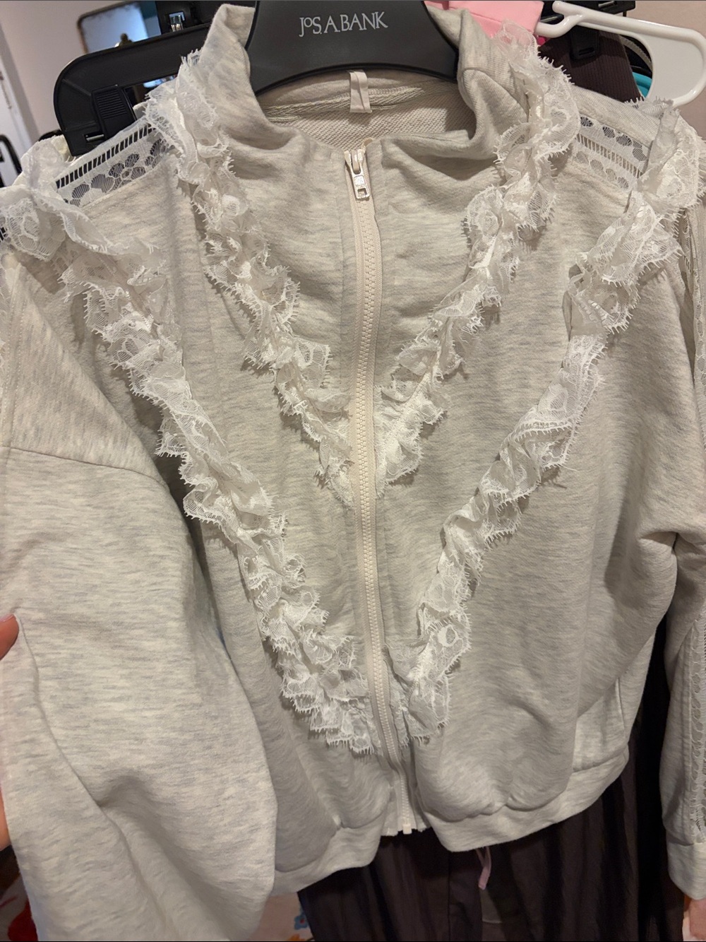 Daily practice Light Heather Gray Lace-Trim Zip Jacket
